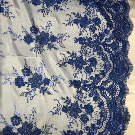 Royal Blue Sequin Lace Fabric With Embroideries On Mesh - Royal Blue Embroidered Lace, Sequin Embellished Mesh