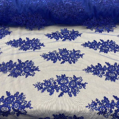 Royal Blue Sequin Lace Fabric With Embroideries On Mesh - Floral Pattern, Royal Blue