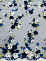 Multi Color 3D Floral Daisy Design Embroider Lace Fabric - Multi Color Floral Embroidery, 54" Width (1 Yard)