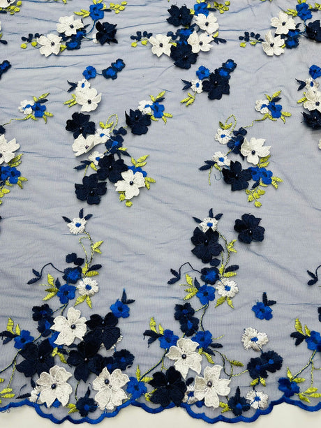 Multi Color 3D Floral Daisy Design Embroider Lace Fabric - Multi Color Floral Embroidery, 54" Width (1 Yard)