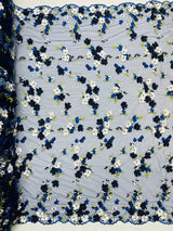 Multi Color 3D Floral Daisy Design Embroider Lace Fabric - Multi Color Floral Embroidery, 54" Width (1 Yard)
