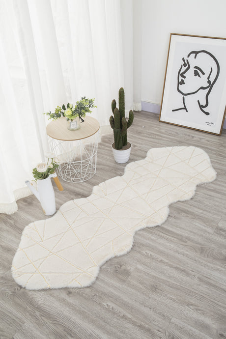 White With Golden Metallic Lines Faux Rabbit Touch Rug - White Lines, Faux Fur Rug (7'6" X 10'3")