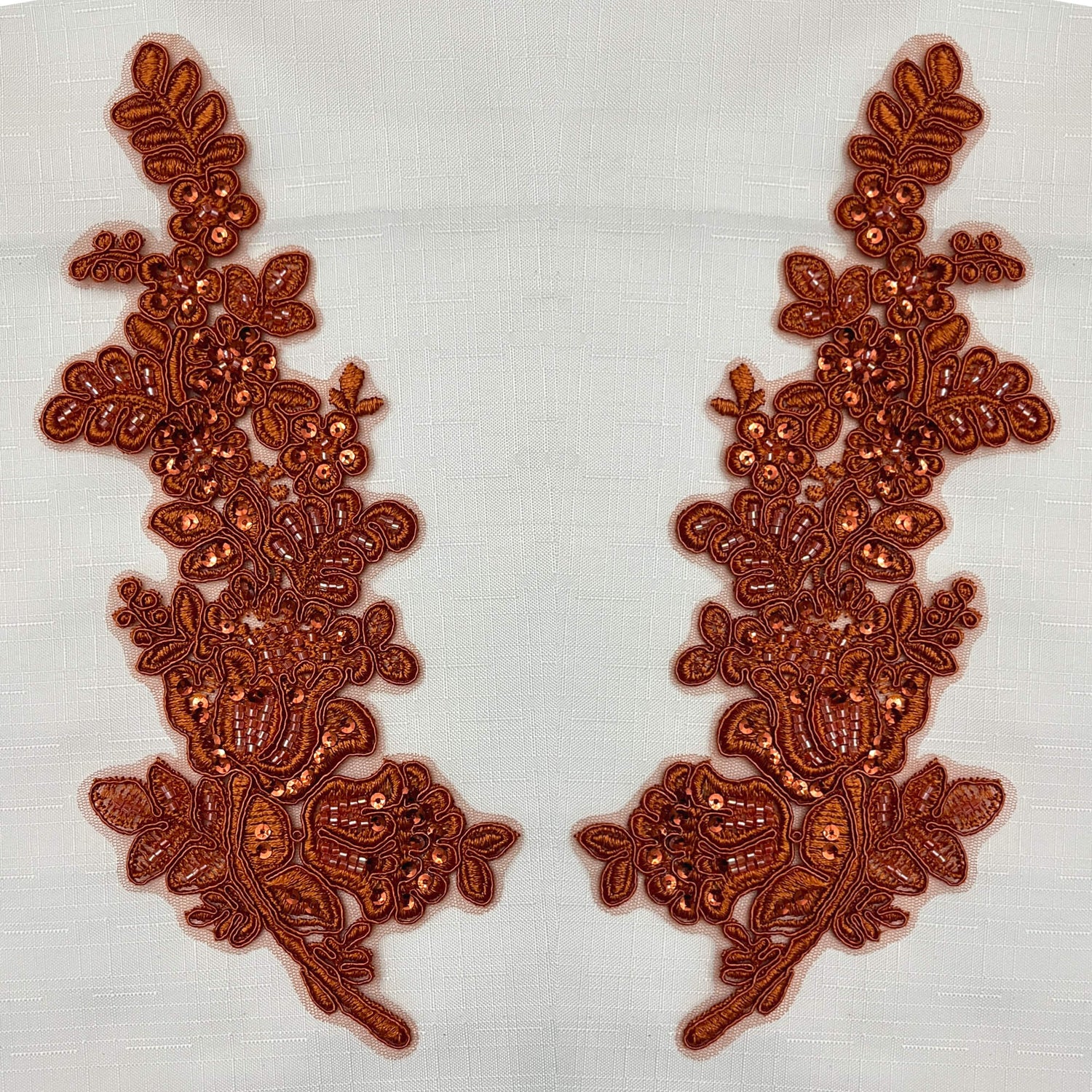 Beaded Corded Floral Lace Applique 100 Percent Polyester Fabric - Embroidered Net Mesh, 12" X 3.5" Each Side (1 Pair)