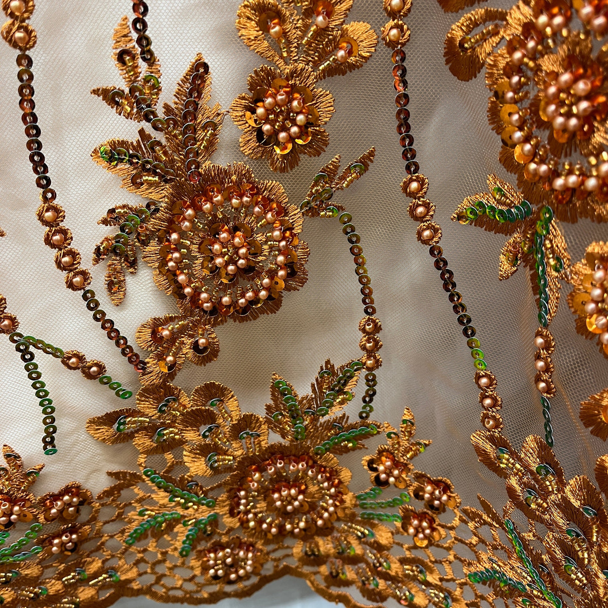 Beaded And Sequined Floral Sparkling Lace Fabric - Rust, Red, Purple Floral Embroidered, 53" Wide (1 Yard)