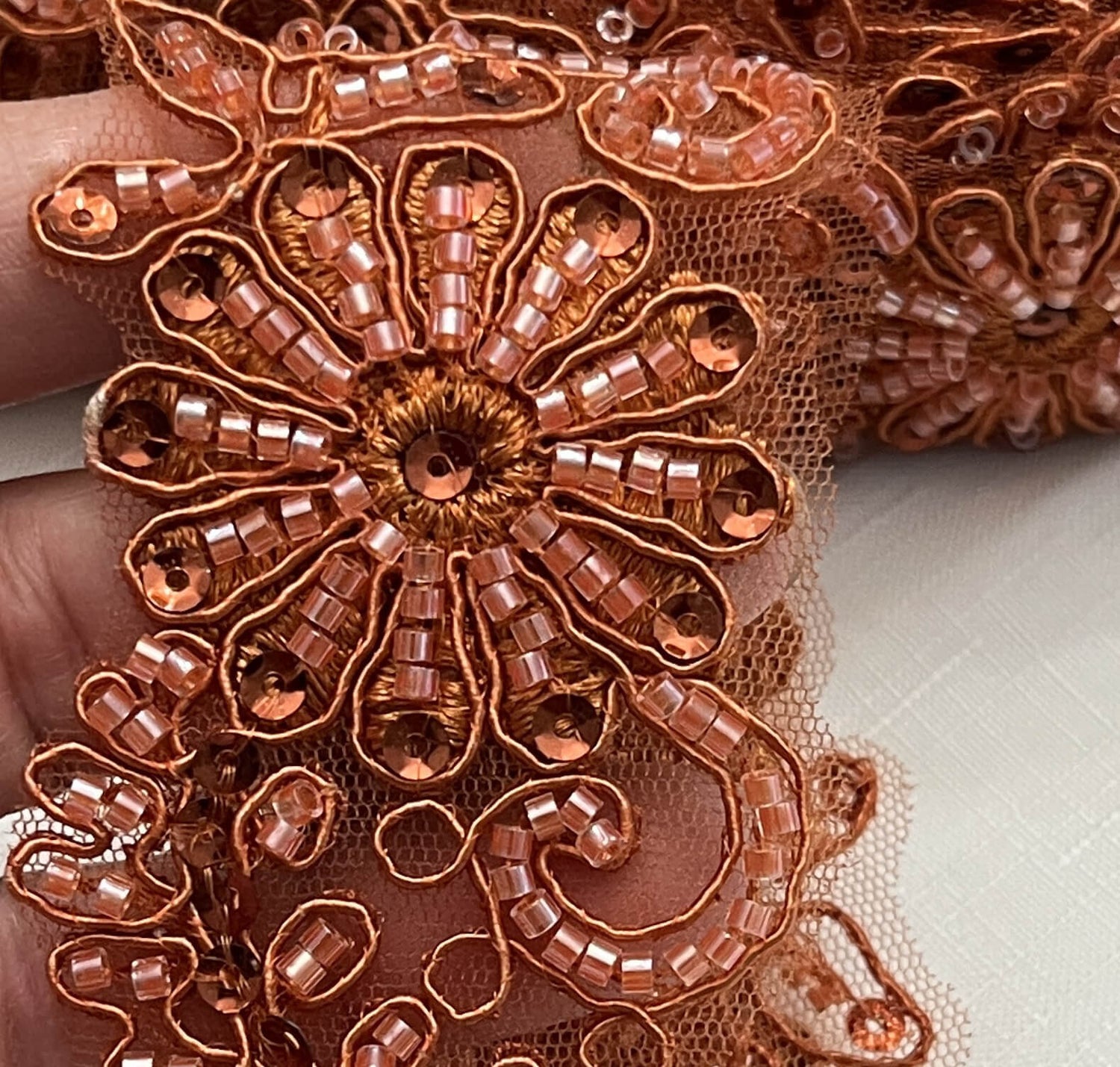 Beaded & Corded Lace Trimming 100 Percent Polyester Net Mesh Fabric - Gold, Ivory With Silver, White, Ivory, Rose Gold, Rust, 2" Width (1 Yard)
