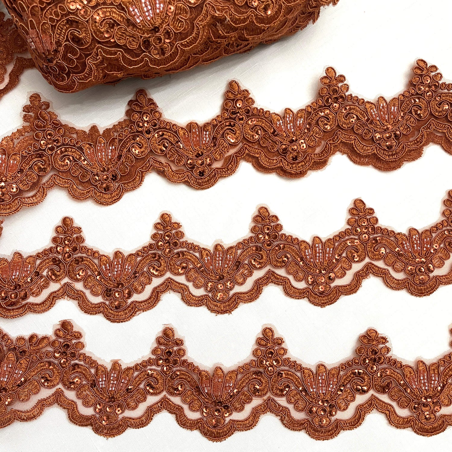 Beaded Corded Lace Trim on Net Mesh
