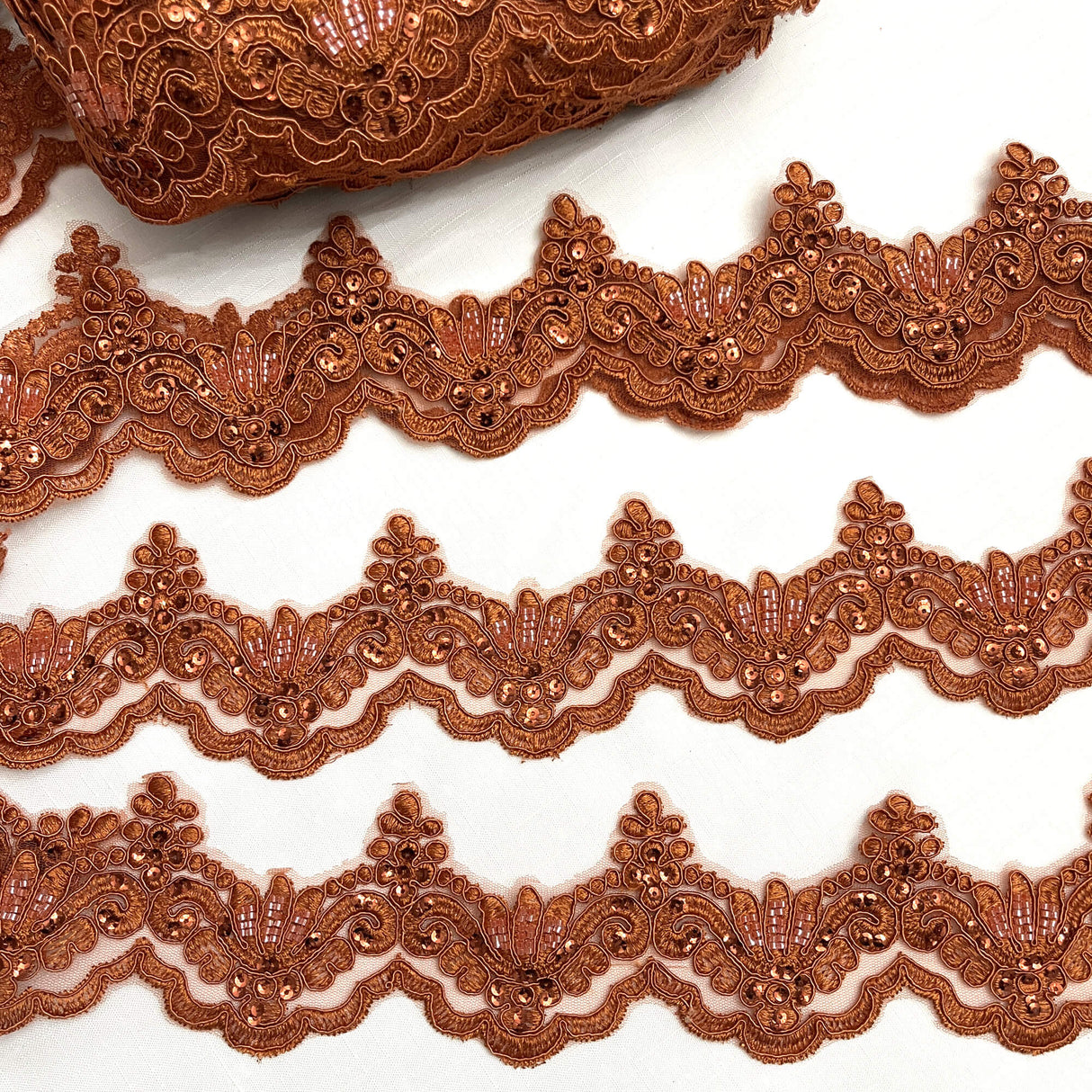 Beaded Corded Lace Trim on Polyester Net Mesh 3" Wide