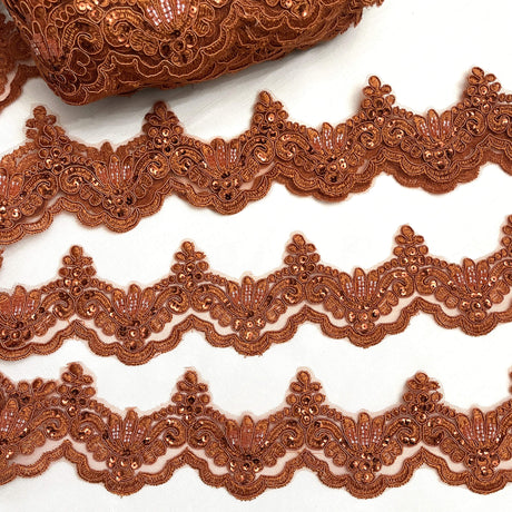 Beaded Corded Lace Trim on Polyester Net Mesh 3" Wide