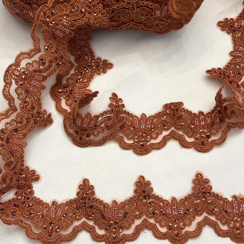 Beaded Corded Lace Trimming 100 Percent Polyester Net Mesh Fabric - Embroidered, 3" Wide, Multiple Colors (1 Yard)