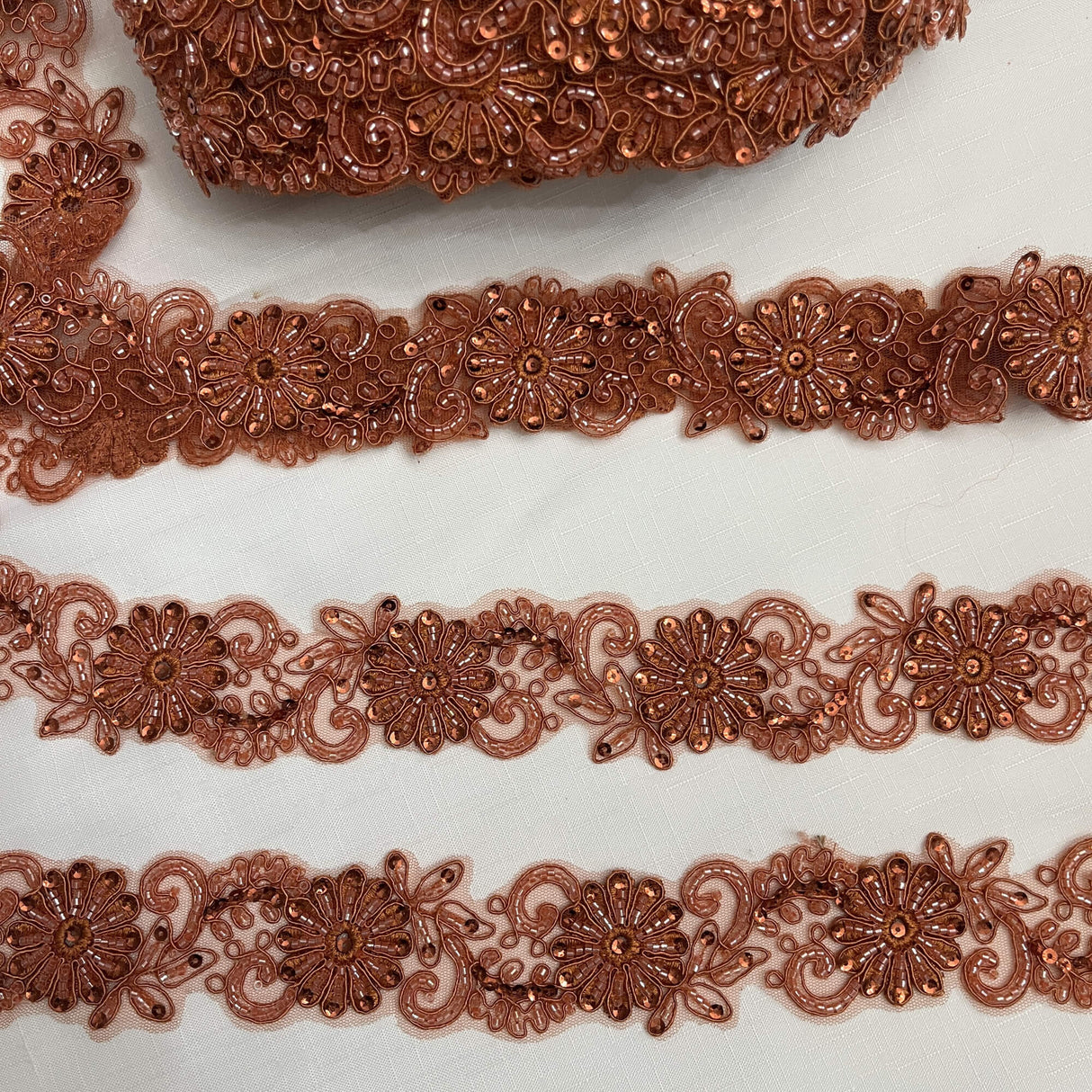 Beaded Corded Lace Trim on Polyester Mesh