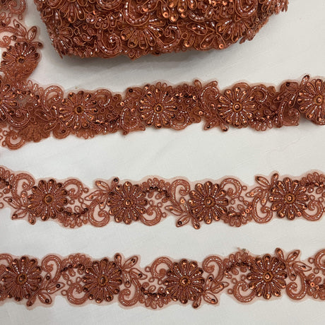 Beaded Corded Lace Trim on Polyester Net Mesh
