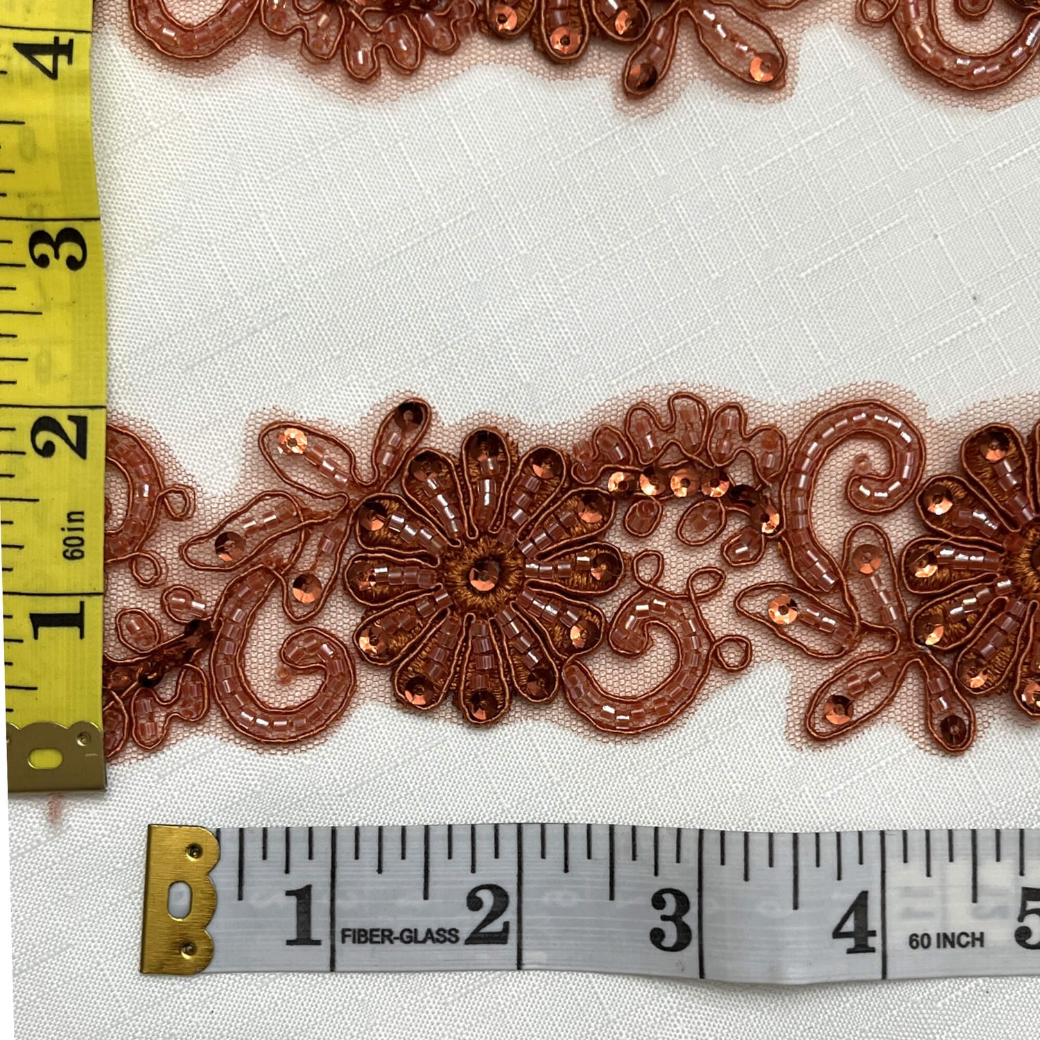 Beaded & Corded Lace Trimming 100 Percent Polyester Net Mesh Fabric - Gold, Ivory With Silver, White, Ivory, Rose Gold, Rust, 2" Width (1 Yard)