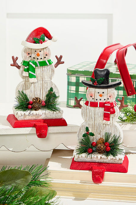 8.25" Snowman Stocking Holder with Pine And Berry Accent