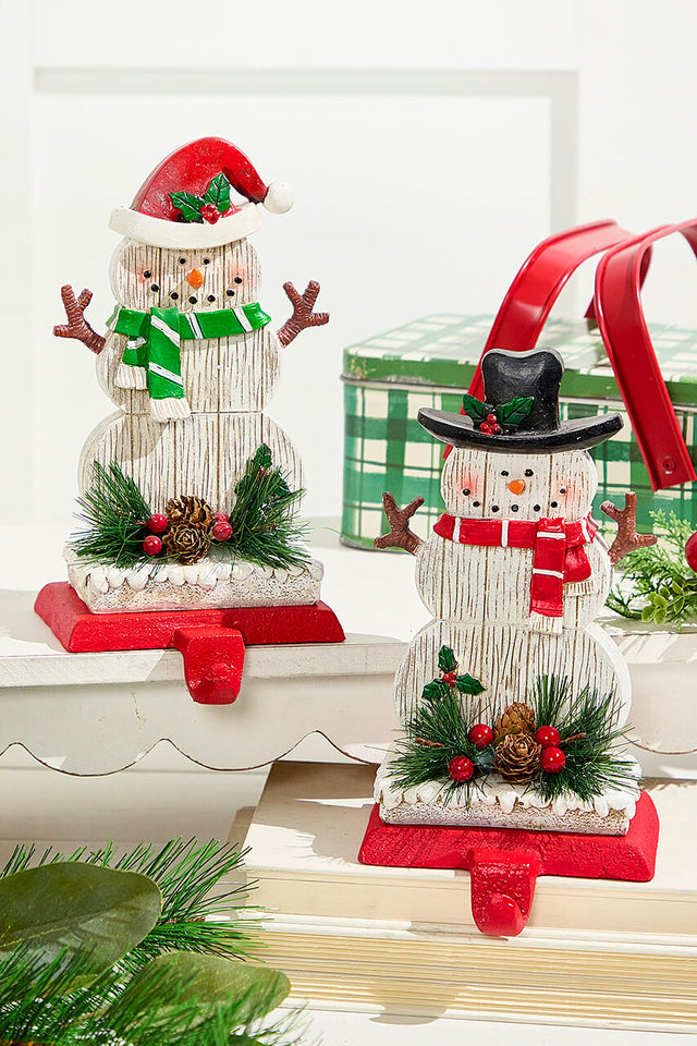 8.25" Snowman Stocking Holder with Pine And Berry Accent