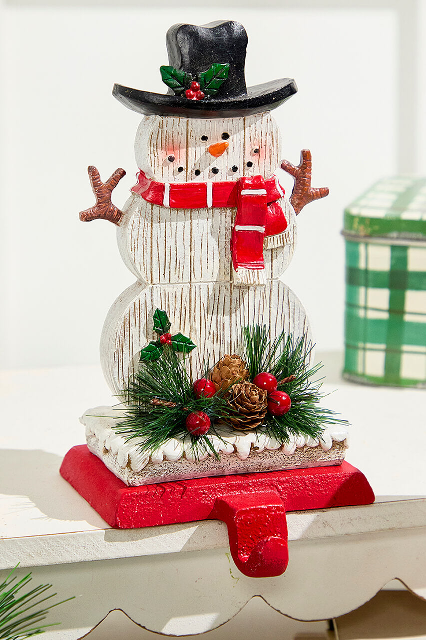 8.25" Snowman Stocking Holder with Pine And Berry Accent