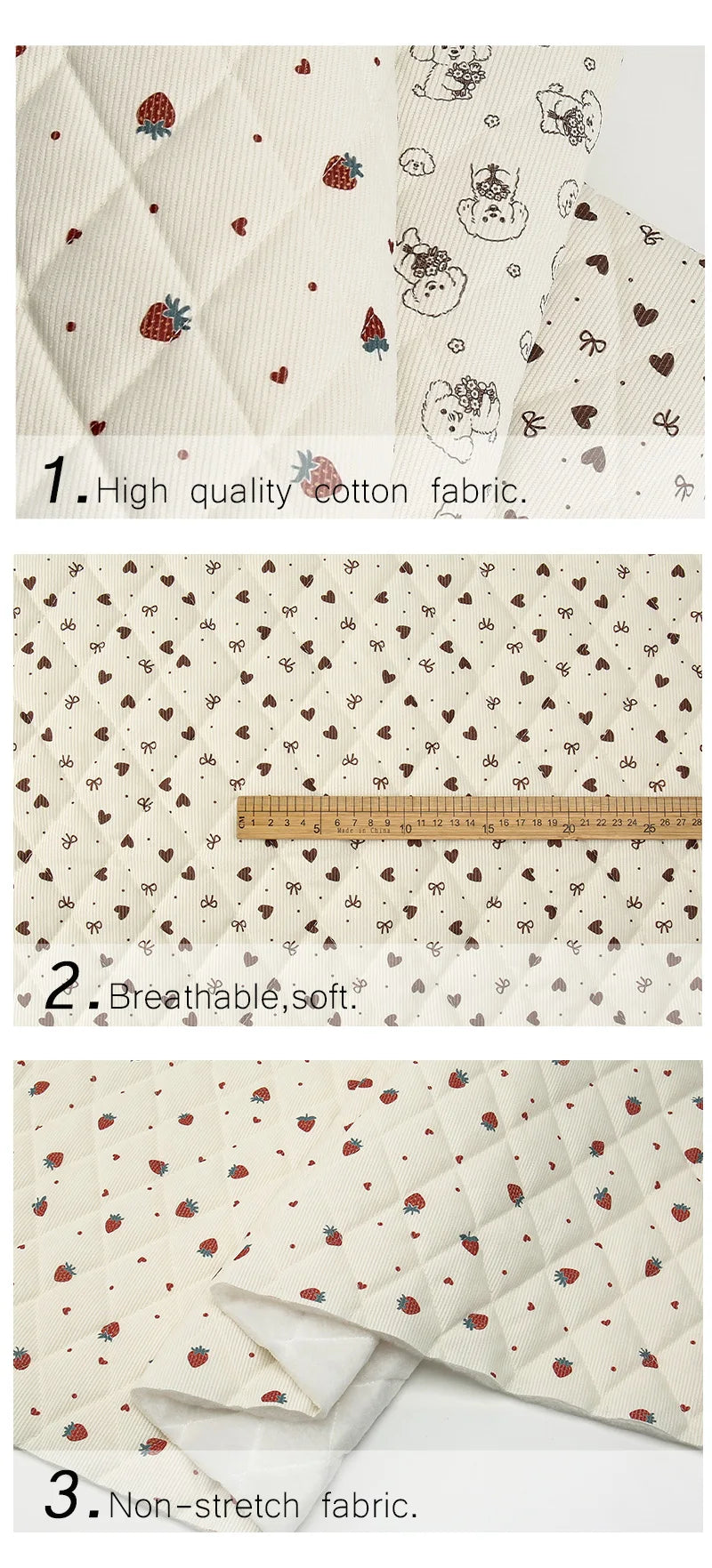 0.5m/1m/2m Thicken Corduroy Strawberry Love Print Quilted with Cotton Fabric for Blanket Children's Clothing DIY Sewing Fabric