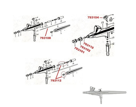 Airbrush Equipment - Parts for the Basic Single Action Airbrush Gun, Needle, Nozzle, Trigger, etc