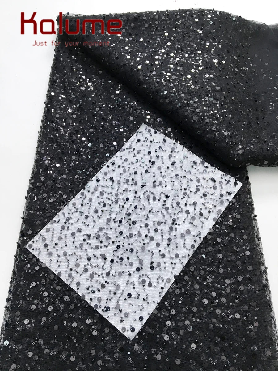 Kalume Nigerian Beaded Embroidery Lace High Quality French Net Sequins Tulle African Lace Fabric for Luxury Wedding Party F3490