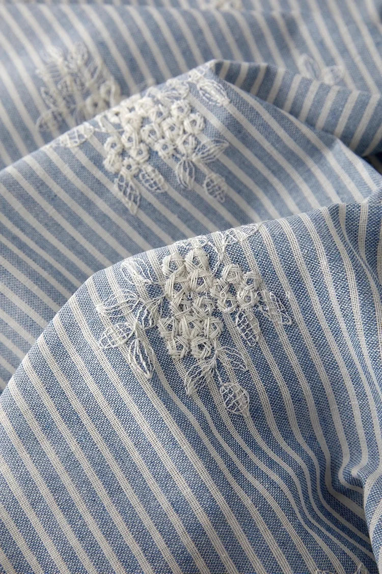 Lightblue Embroidered Polyester Cotton Striped Cloth Fabric