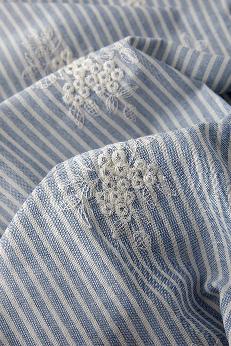 Lightblue Embroidered Polyester Cotton Striped Cloth Fabric