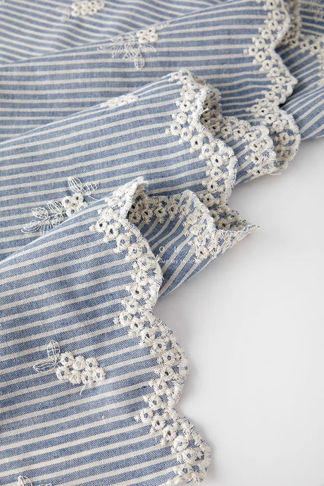 Lightblue Embroidered Polyester Cotton Striped Cloth Fabric