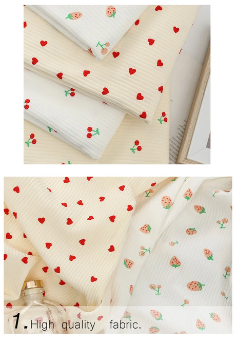 145x50cm Small Cherry Ribbed Knitted Pure Cotton Jacquard Fabric For Children's Clothing, T-shirts, Handmade DIY Sewing Fabrics