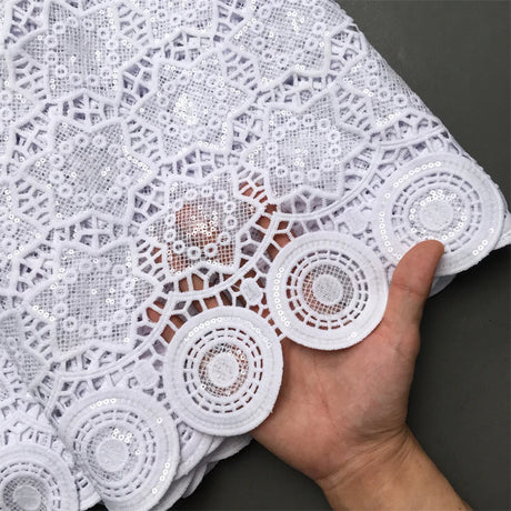 White African Guipure Cord Lace Fabric with Sequins 2025 High Quality Nigerian Guipure Cord Lace for Sewing Wedding Dress F4025