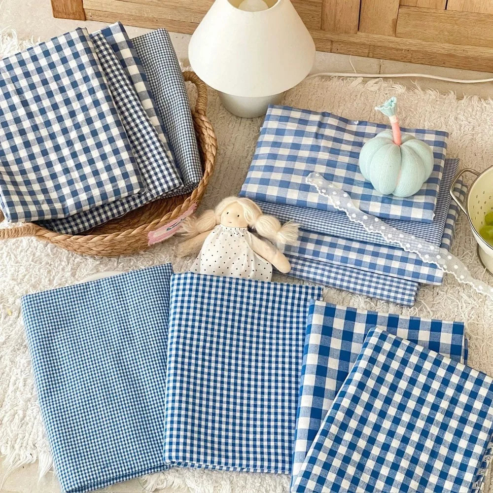 140x50cm Blue Checkered Washed Cotton Fabric for Women Kids DIY Clothing Bags Sewing Textile Accessories