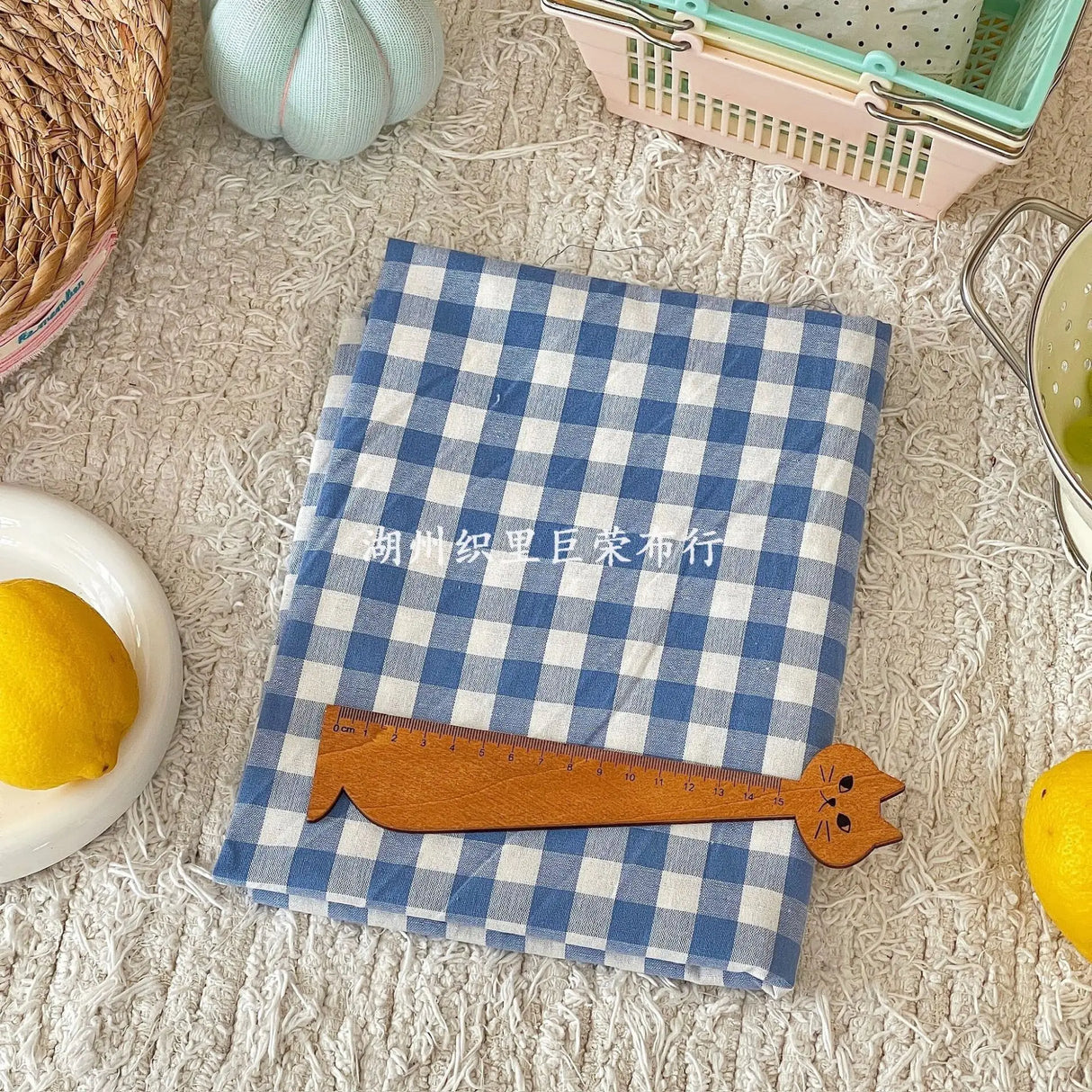140x50cm Blue Checkered Washed Cotton Fabric for Women Kids DIY Clothing Bags Sewing Textile Accessories