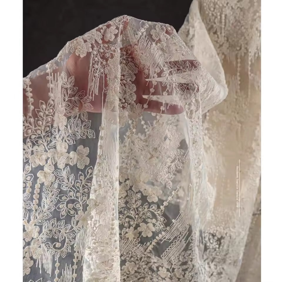 Apricot embroidery floral tulle lace gauze material transparent jacquard fashion dress wedding dress designer fabric