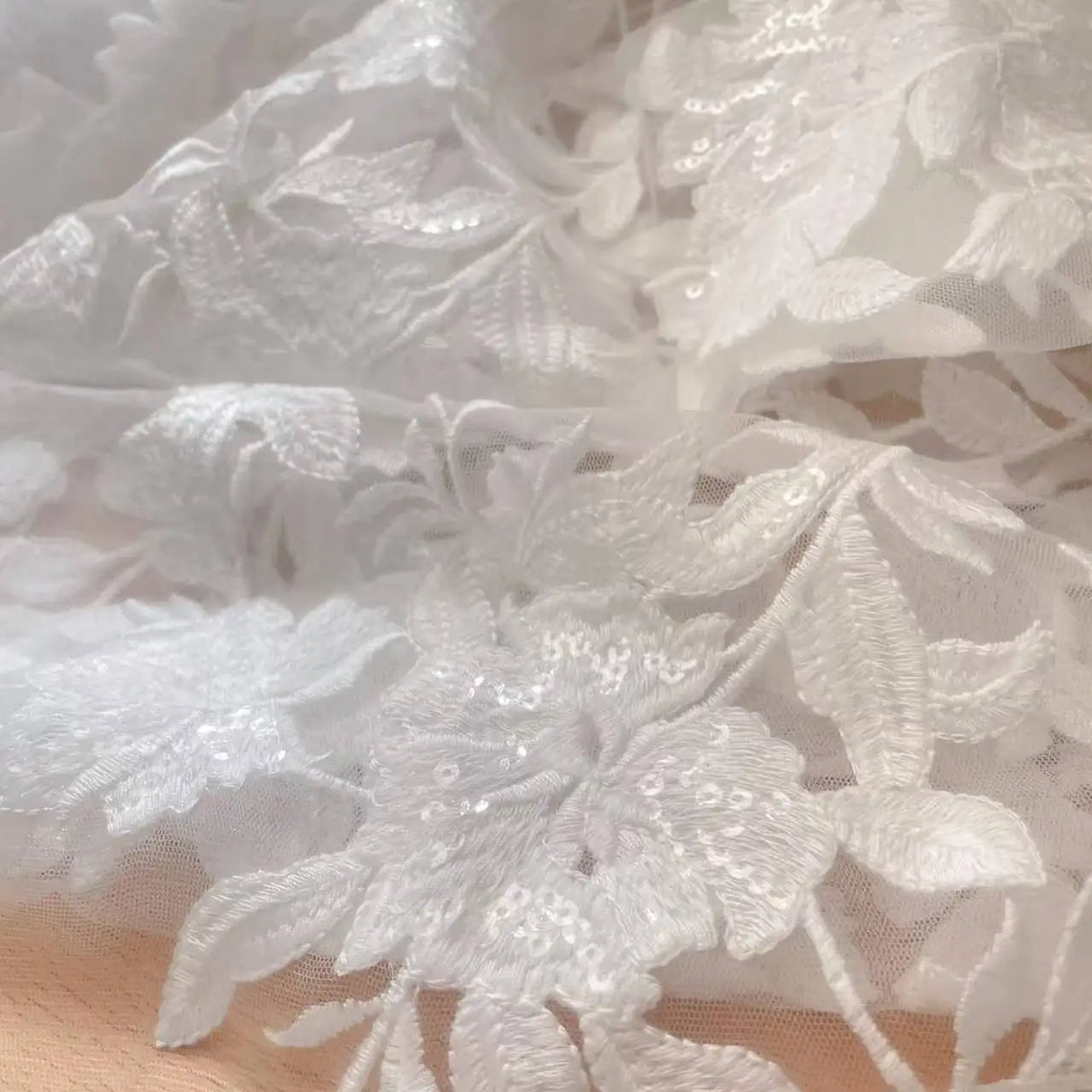 White Cotton Large Flower Embroidery Sequin Lace Mesh Fabric, Handmade DIY Fabric for Wedding Veil Sewing Supplies RS24328