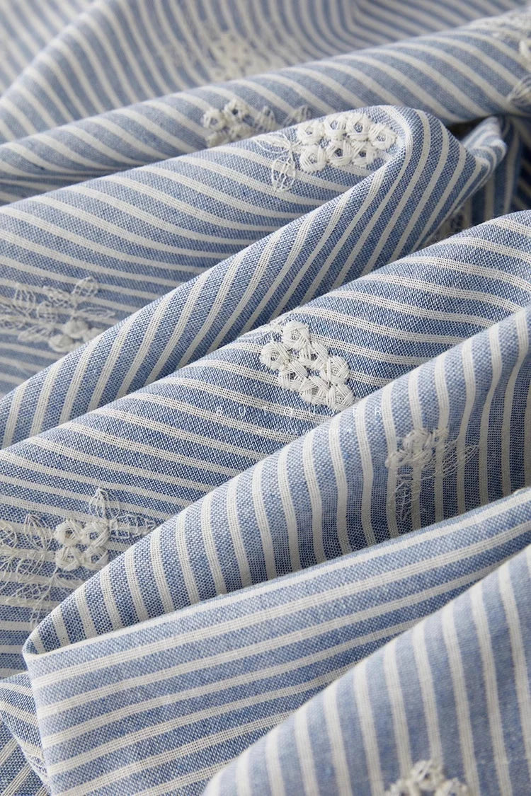 Lightblue Embroidered Polyester Cotton Striped Cloth Fabric