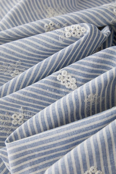 Lightblue Embroidered Polyester Cotton Striped Cloth Fabric