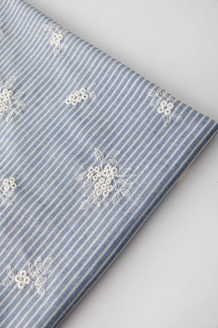 Lightblue Embroidered Polyester Cotton Striped Cloth Fabric