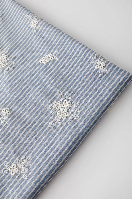 Lightblue Embroidered Polyester Cotton Striped Cloth Fabric