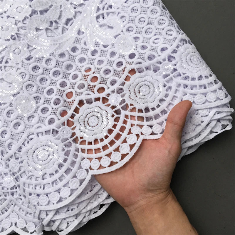 White African Guipure Cord Lace Fabric with Sequins 2025 High Quality Nigerian Guipure Cord Lace for Sewing Wedding Dress F4025