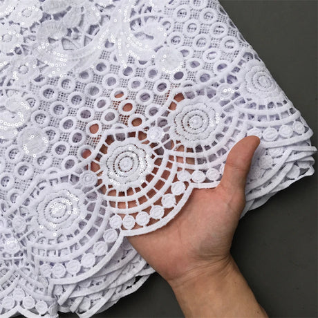White African Guipure Cord Lace Fabric with Sequins 2025 High Quality Nigerian Guipure Cord Lace for Sewing Wedding Dress F4025