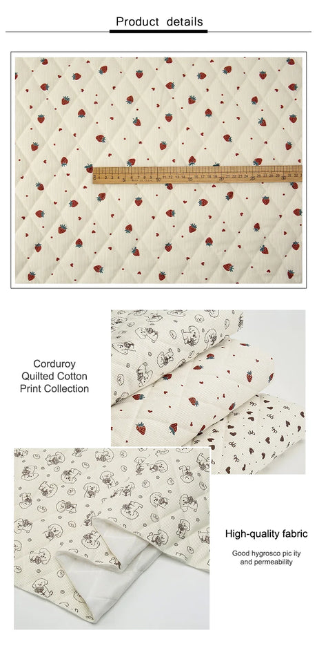 0.5m/1m/2m Thicken Corduroy Strawberry Love Print Quilted with Cotton Fabric for Blanket Children's Clothing DIY Sewing Fabric