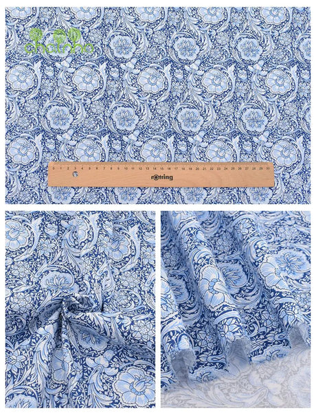 Chainho,Printed Twill Weave Cotton Fabric,DIY Qulting Sewing Material,Patchwork Cloth,Blue Series,6 Designs,3 Spiecification