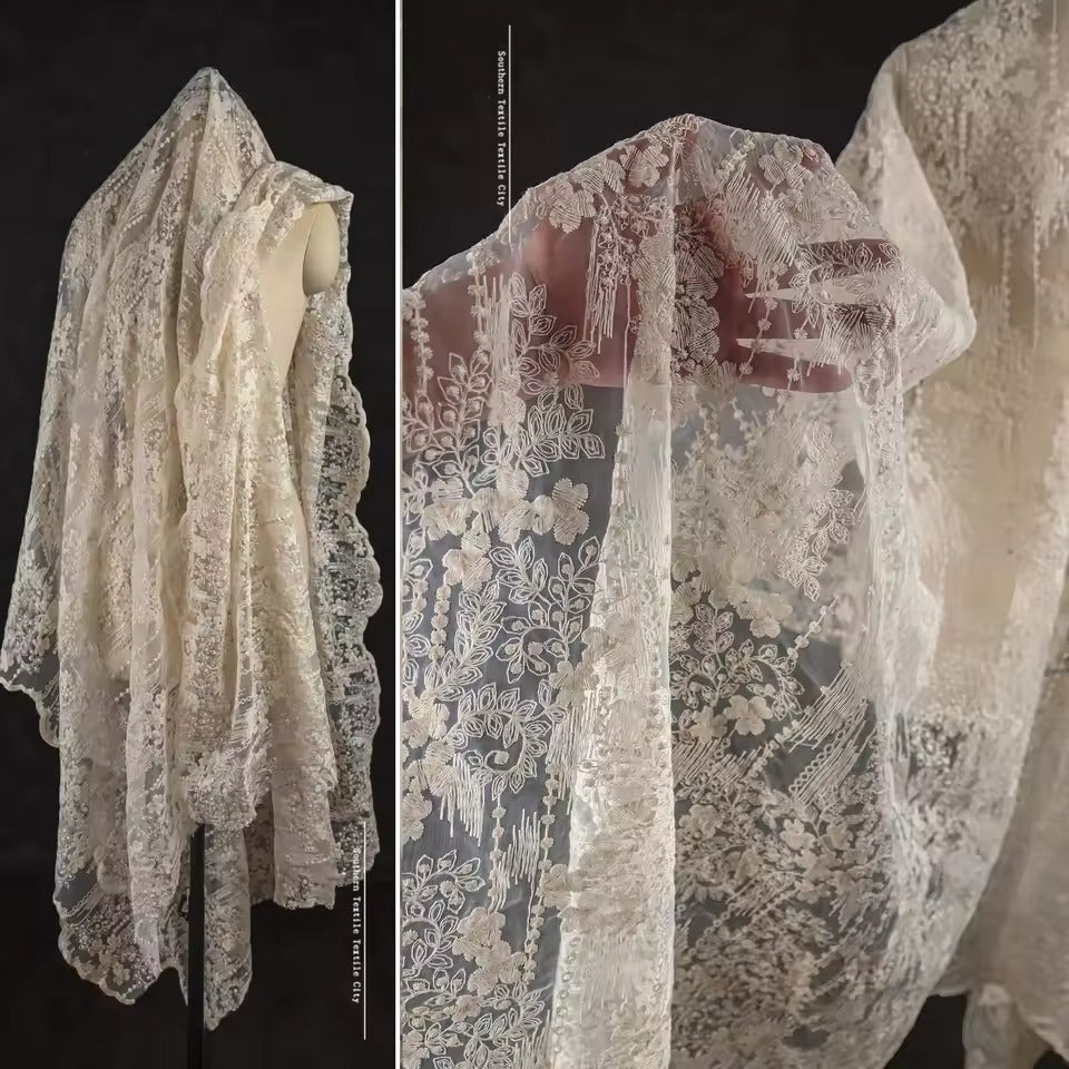 Apricot embroidery floral tulle lace gauze material transparent jacquard fashion dress wedding dress designer fabric