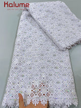 White African Guipure Cord Lace Fabric with Sequins 2025 High Quality Nigerian Guipure Cord Lace for Sewing Wedding Dress F4025