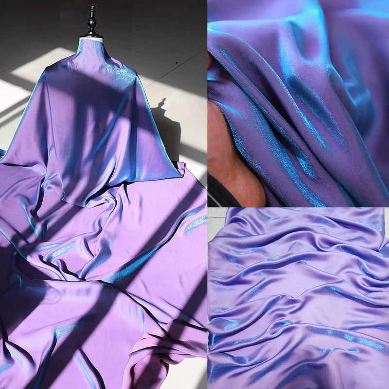 Holographic Gradient Satin Fabric 150cm Wide Iridescent Silk For Wedding Dress Bridal Veil Prom Gown DIY Sewing Hanfu Materials