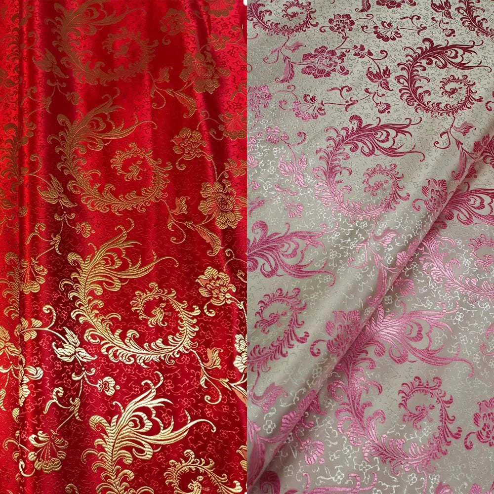 50*75cm Brocade Jacquard Fabric Pink Color Silk Feather Flower Pattern For Sewing Kimono Robe Girl's Dress DIY Needlework Satin