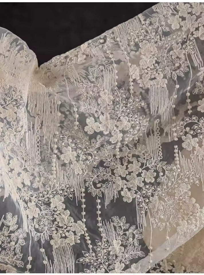 Apricot embroidery floral tulle lace gauze material transparent jacquard fashion dress wedding dress designer fabric