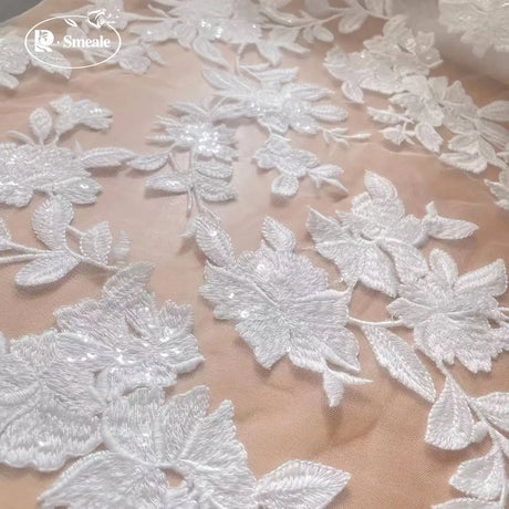 White Cotton Large Flower Embroidery Sequin Lace Mesh Fabric, Handmade DIY Fabric for Wedding Veil Sewing Supplies RS24328