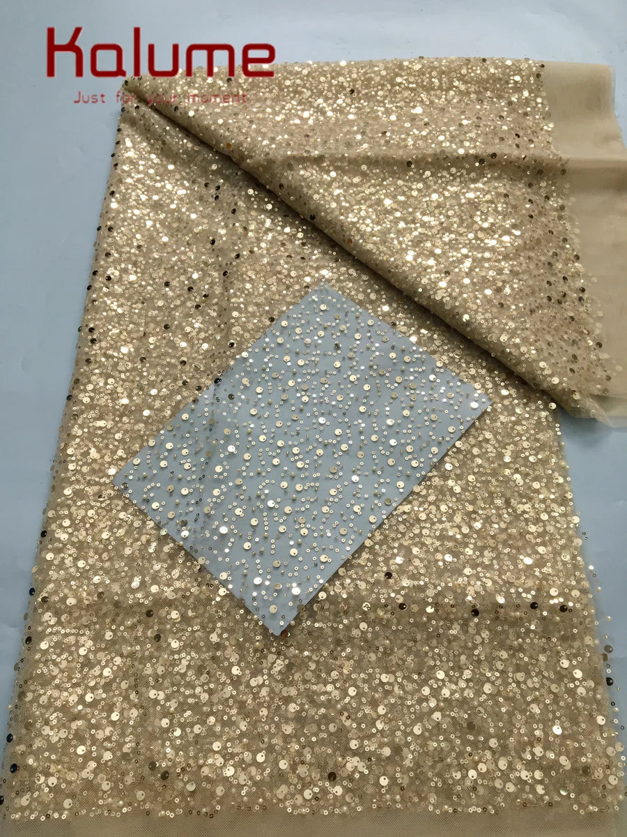 Kalume Nigerian Beaded Embroidery Lace High Quality French Net Sequins Tulle African Lace Fabric for Luxury Wedding Party F3490
