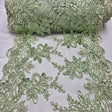 Sage Sequin Lace Fabric With Embroideries On Mesh VT-18 - Sage Embroidered Sequin Lace Fabric, 60" Width