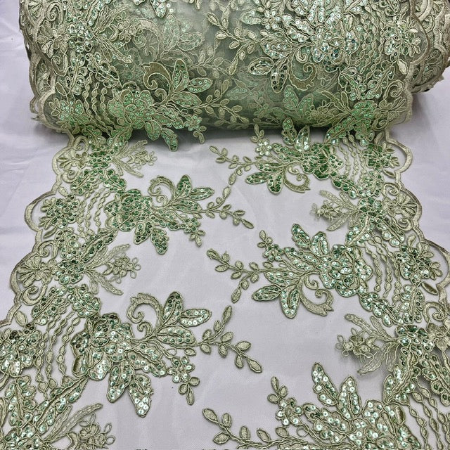 Sage Sequin Lace Fabric With Embroideries On Mesh VT-18 - Sage Embroidered Sequin Lace Fabric, 60" Width