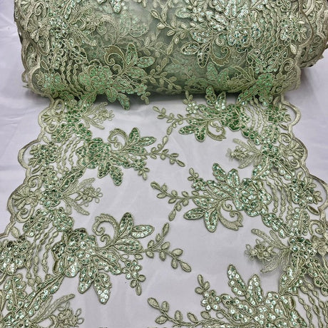 Sage Sequin Lace Fabric With Embroideries On Mesh VT-18 - Sage Embroidered Sequin Lace Fabric, 60" Width