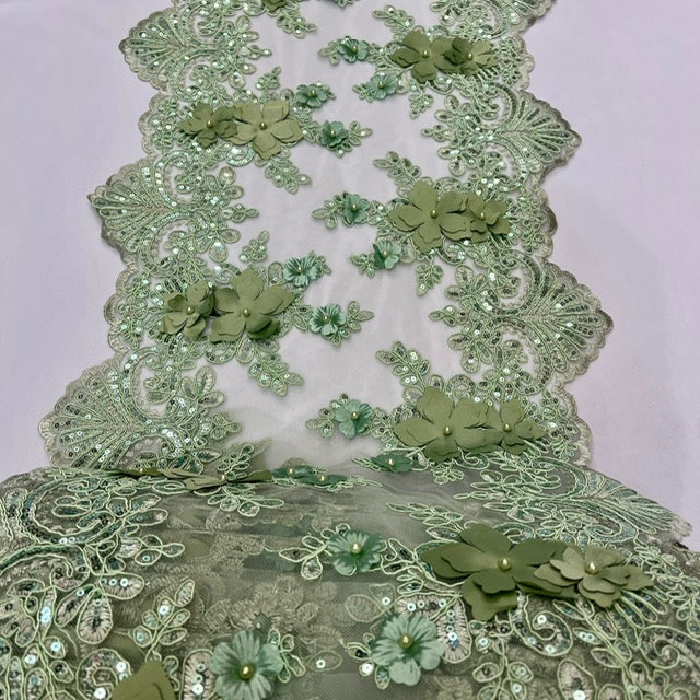 VT-33 Sequin 3D Lace Fabric With Embroideries On Mesh With Pearls - Baby Blue, 33-Cm Width